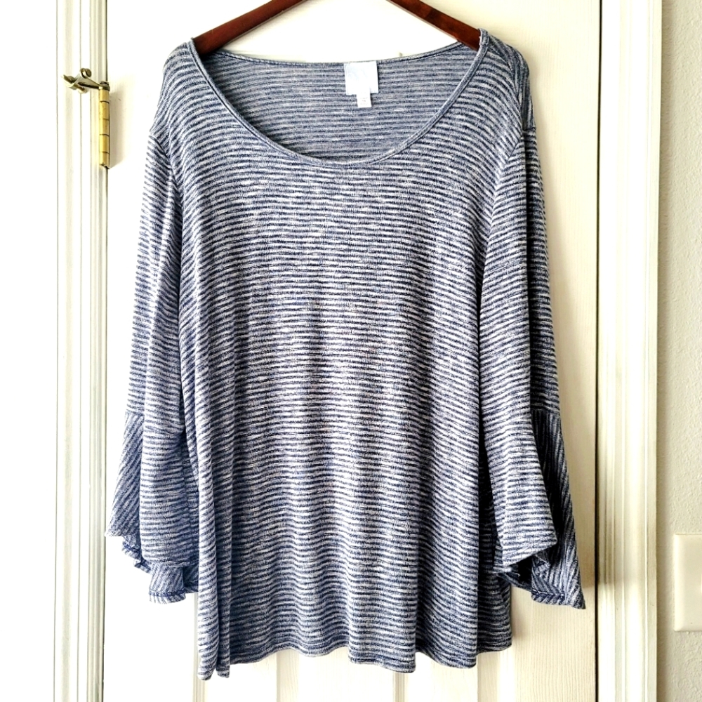 Sunday brand top size 3X blue gray stripe bell sleeves swing curvy lightweight
